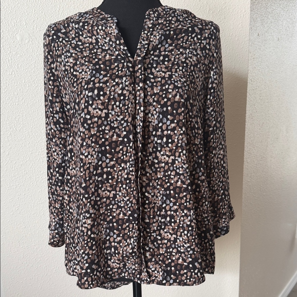 Dana Buchman Black Blouse with Brown and Cream Dot Print